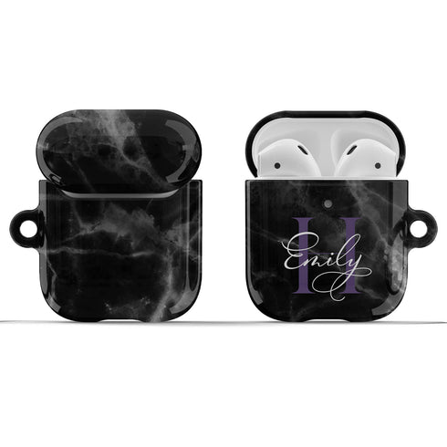 Monogram Personalized Black Marble AirPods Case
